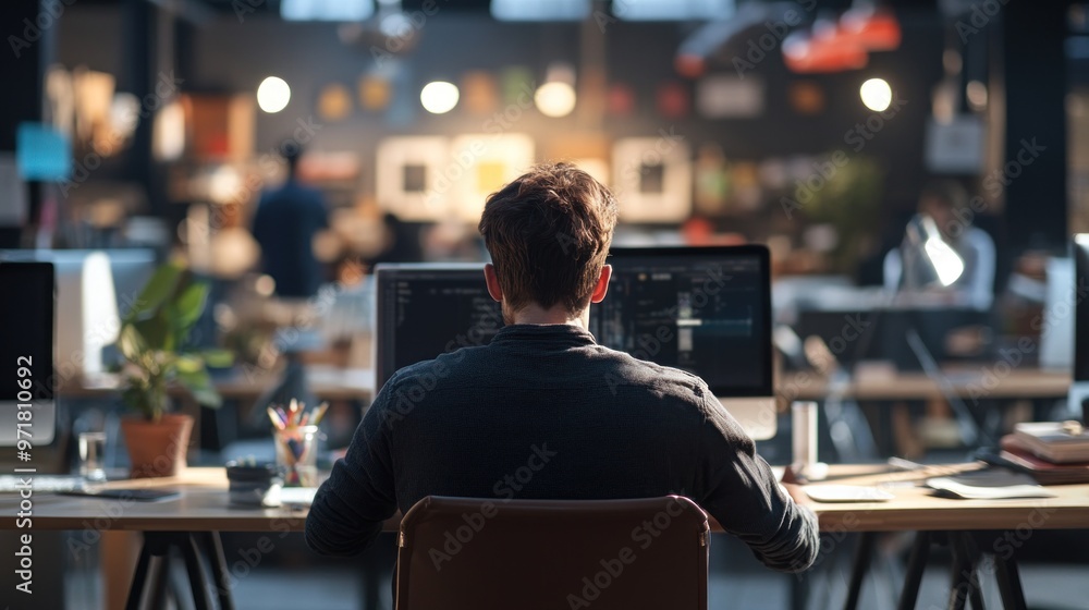 Poster focused programmer in a modern office