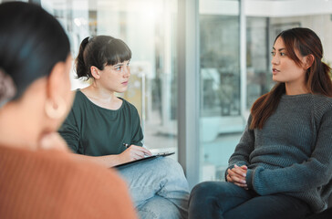 People, group and talking for counseling, therapy and mental health with support, empathy and...