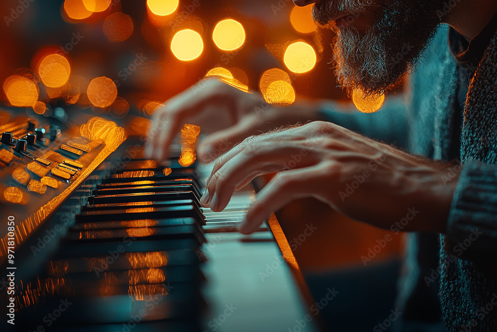 Poster a musician practicing scales, repeating the same notes over and over with determination. concept of 