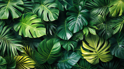 wallpaper that showcases a mix of various tropical leaves, creating a vibrant, layered look that brings the lushness of the tropics indoors