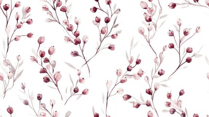Watercolor heather twigs in a seamless pattern on a white background