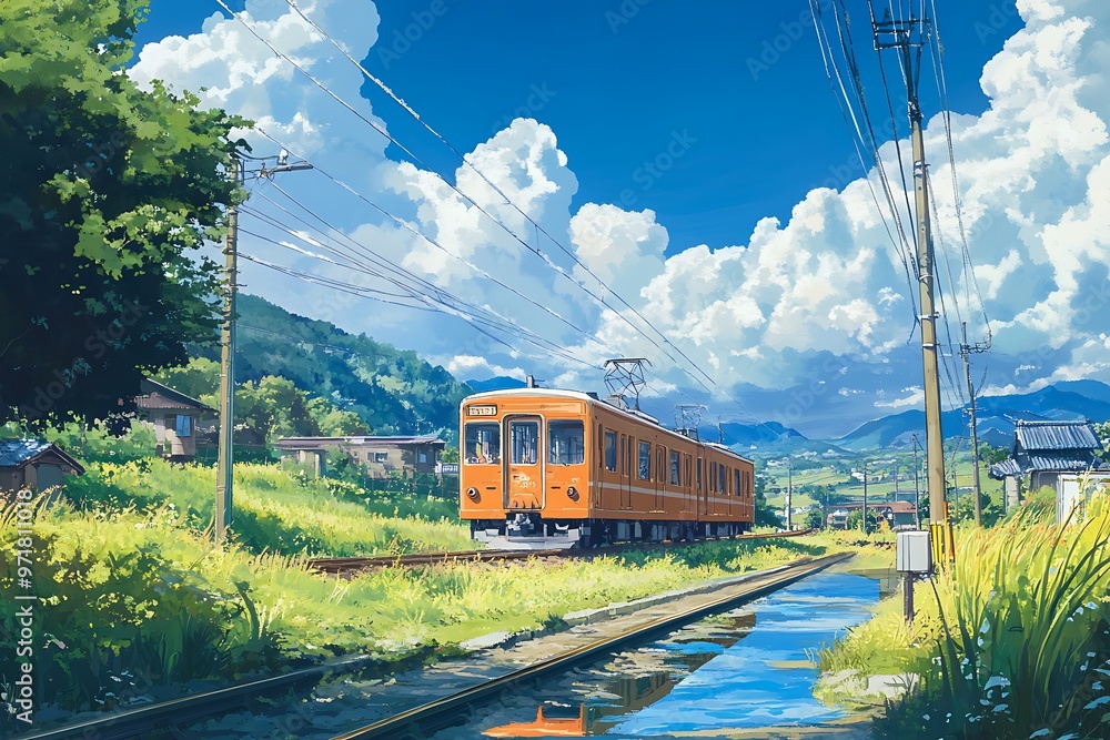 Wall mural Japanese countryside scenery with train passing through a small town on a sunny day