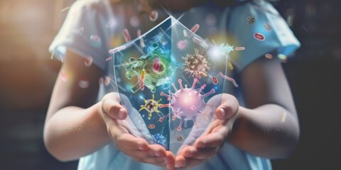 Close-up of a child's hands holding a shield, with symbolic germs and viruses in the background