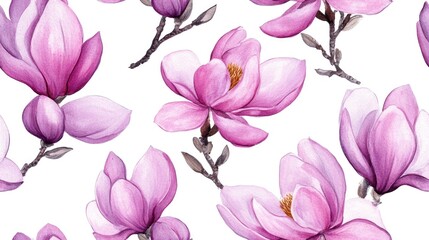 Seamless pattern featuring hand drawn watercolor magnolia flowers Stock illustration
