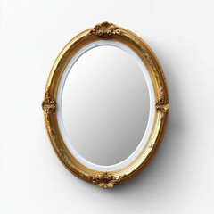 Fototapeta premium A decorative oval-shaped mirror with an intricate gold frame, placed against a clean, plain white background.