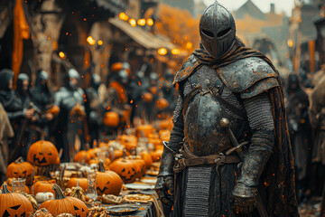 A group of knights and nobles celebrating All Hallows' Eve with a jousting tournament and a haunted banquet. Concept of Halloween in the Age of Chivalry.