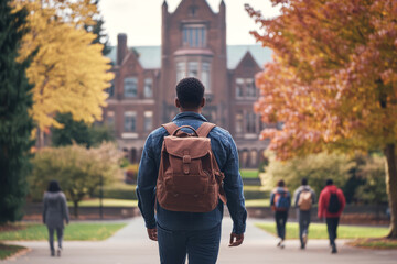 Obraz premium Black student with a brown backpack at school or university campus ready for learning, goals or targets. Education, scholarship and learning concept.