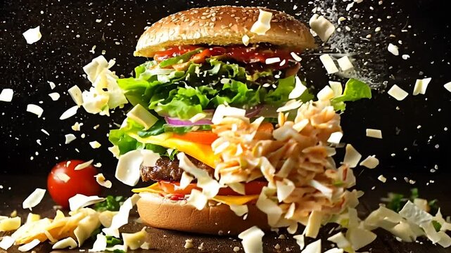 Explosive Decomposition Shot of a Burger With Ingredients Separating in Slow Motion