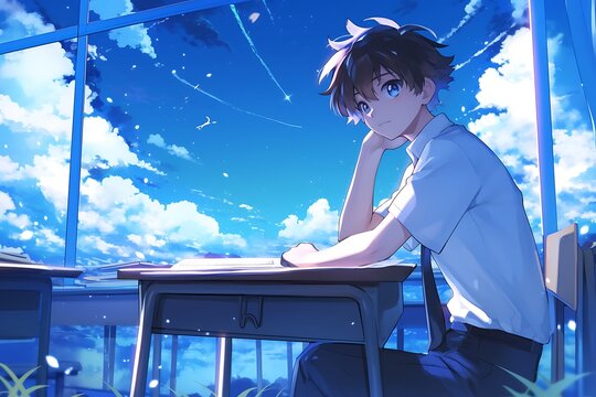 Anime boy student sitting at desk with blue sky and clouds background