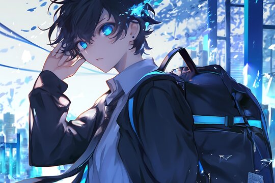 Anime Boy with Blue Eyes and Black Hair Looking  Forward