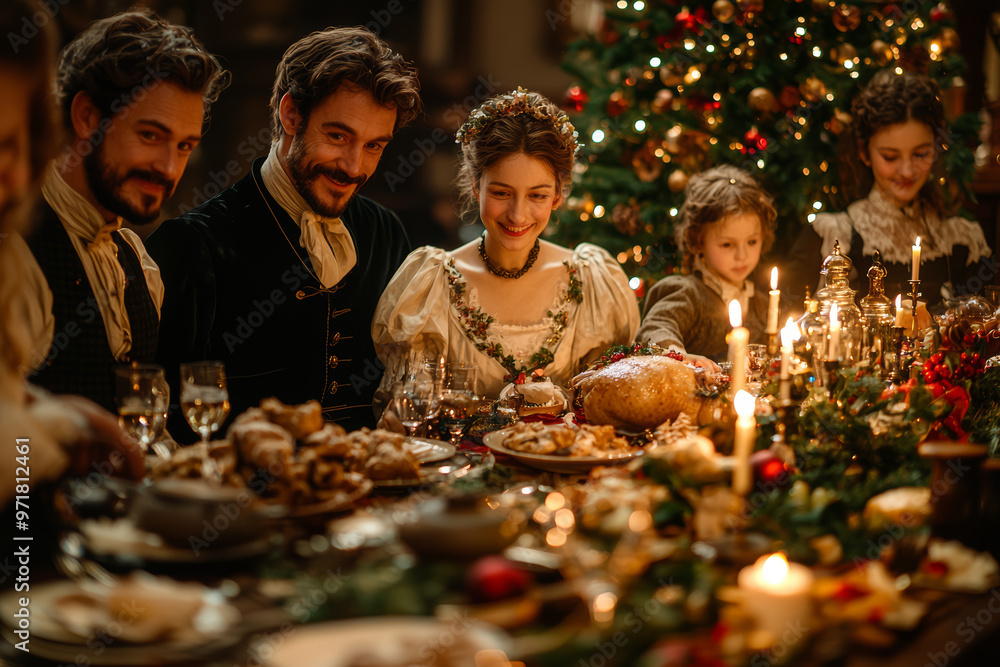 Sticker a 19th-century german family celebrating christmas eve with a candlelit tree and a traditional dinne