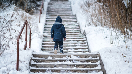 A child in a blue coat walks up snow-covered stairs on a serene, snowy day. Snow falls gently, framing the scene with simple railings and a snow-dusted tree.