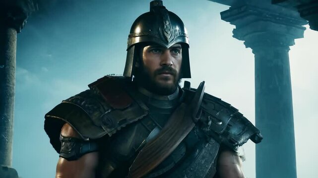 Determined Caucasian medieval warrior in full armor gazing ahead. Concept of historical reenactment, epic battle preparation, ancient military heroism