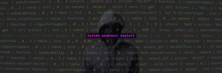 Cyber attack system weakness exploit text. Anonymous hacker hidden with hoodie in the blurred background. Vulnerability text in binary system ascii art style, code on editor screen.