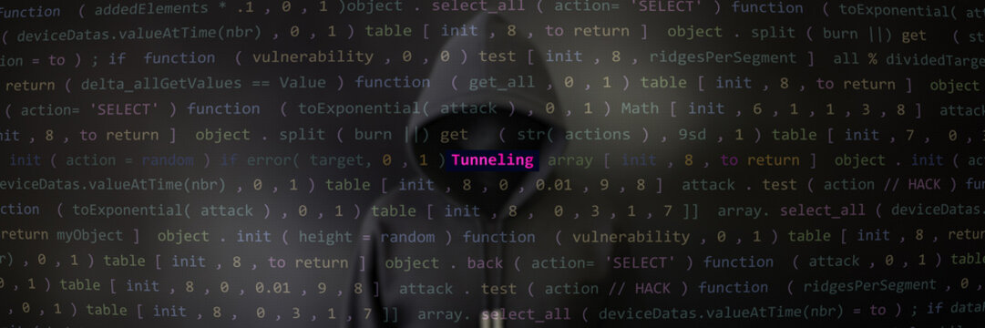 Cyber attack tunneling text in foreground screen, Anonymous hacker hidden with hoodie in the blurred background. Vulnerability text in binary system ascii art style, code on editor screen. 