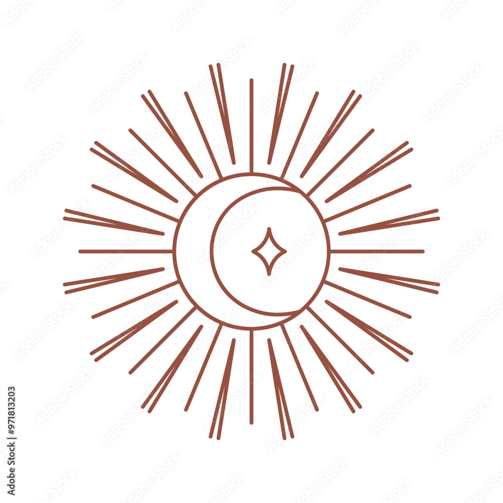 Wall mural vector bohemian logo design template with sun,sunburst and crescent moon. boho linear icon or symbol