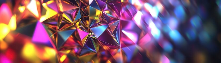 Prismatic triangles spiraling into geometric fractals, vibrant light scattering, complex abstract background