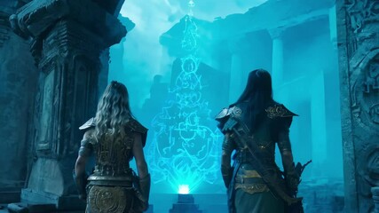 Two Fantasy Warrior Women Exploring a Mysterious Ancient Ruin - Concept of Adventure, Mythical Quest, Female Heroism