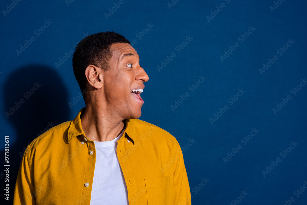 Canvas Prints Side profile photo of emotional guy impressed wearing look mockup unexpected product sale isolated on dark blue color background