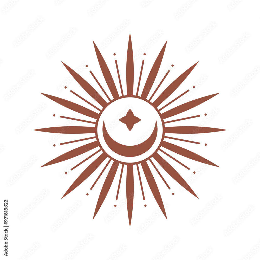 Wall mural vector bohemian logo design template with sun,sunburst and crescent moon. boho linear icon or symbol