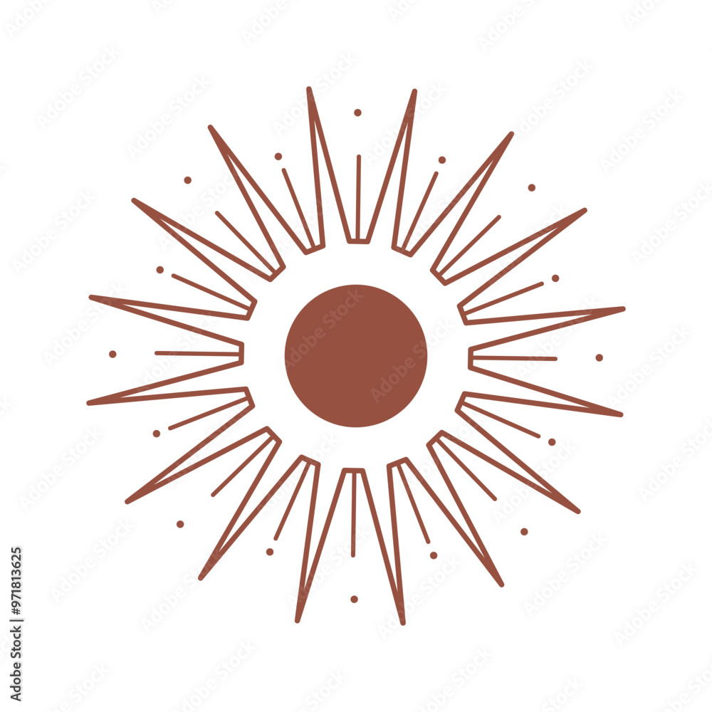 Wall mural vector bohemian logo design template with sun and sunburst. boho linear icon or symbol in trendy min
