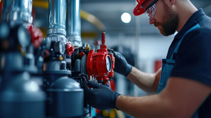 A technician in safety gear works on adjusting a red industrial fire suppression valve in a factory setting.