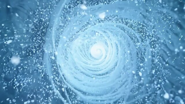 A swirling vortex of snowflakes and ice forming a spiral, resembling a magical portal. Concept of snowstorm, winter magic, and fantasy elements. Background