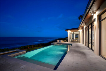 Fototapeta premium Elegant residence features an outdoor patio with a lap pool and a twilight view of the ocean.