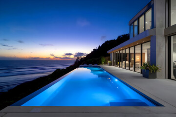 Fototapeta premium Elegant residence features an outdoor patio with a lap pool and a twilight view of the ocean.