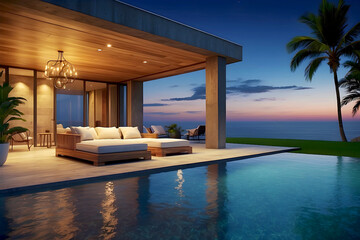Elegant residence features an outdoor patio with a lap pool and a twilight view of the ocean.