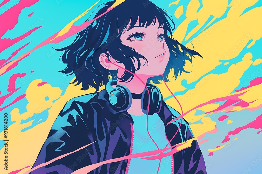 Wall mural Anime girl with headphones listening to music in vibrant colors