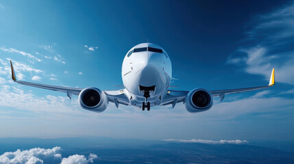 Fototapeta premium A commercial airplane in mid-flight, captured flying directly towards the camera, set against a backdrop of clear blue skies and clouds.