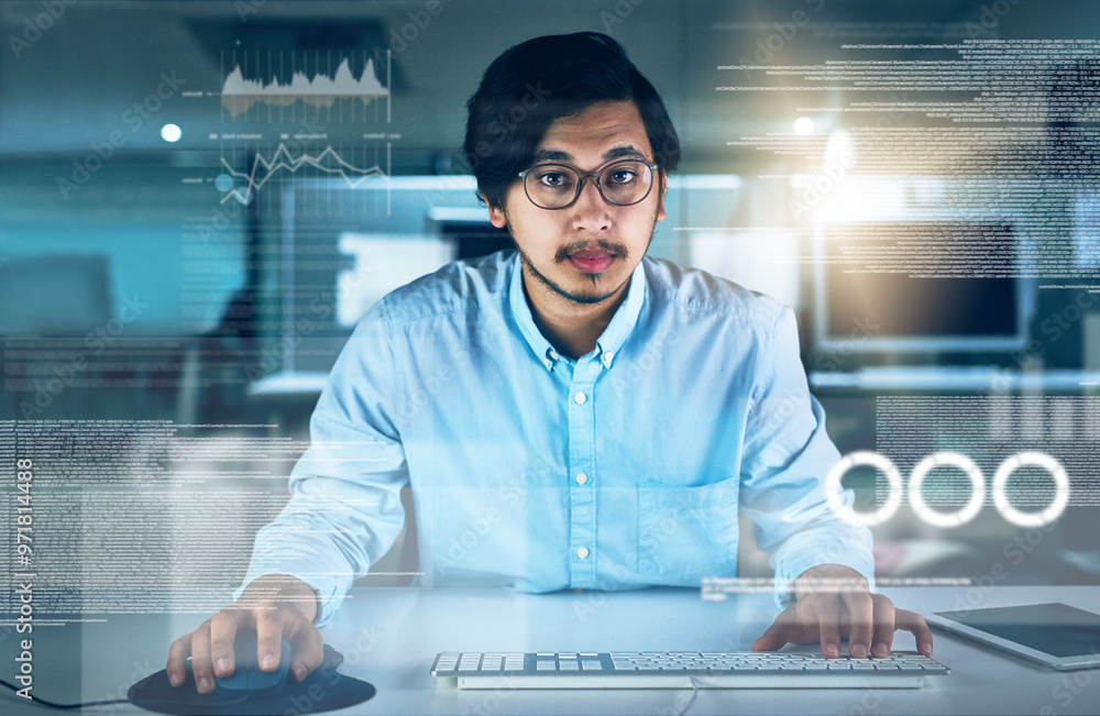 Poster Man, computer engineering and portrait with overlay, code or innovation in web research. Data scientist, technology and market analysis for blockchain, metrics or futuristic in digital transformation