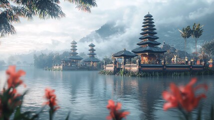 Pura ulun danu bratan temple in bali indonesia. © Ace64 Studio