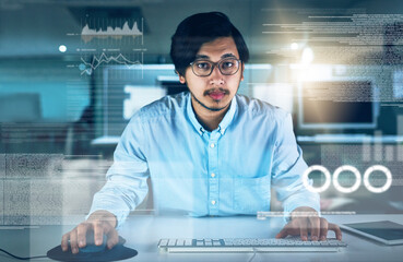 Man, computer engineering and portrait with overlay, code or innovation in web research. Data scientist, technology and market analysis for blockchain, metrics or futuristic in digital transformation