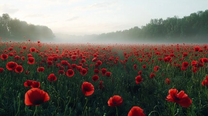Red poppy field in morning mist.