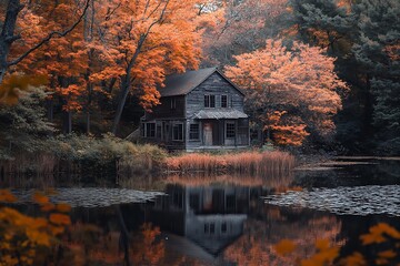 Fototapeta premium Autumnal Cabin by the Pond with Vibrant Fall Foliage