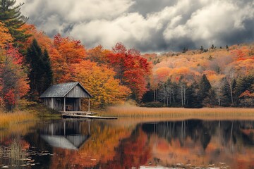 Obraz premium Autumn landscape with a cabin by the lake, colorful fall foliage