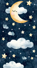 Fototapeta premium Cute children's background. Watercolor drawing Moon, clouds and stars. crescent moon. Drawing for children's room. Space wallpaper concept.