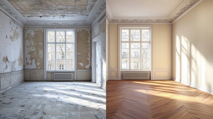 Fototapeta premium Apartment renovation - empty room before and after refurbishment or restoration.