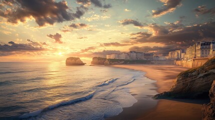 View of the grande beach  biarritz france at sunset.