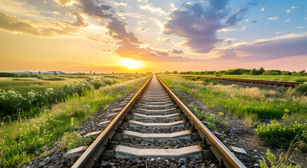 Fototapeta premium A railroad track going to the horizon. Rails surrounded by nature at sunset. Without the train. Travel concept.