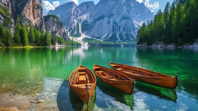 Boats on the braies lake ( pragser wildsee ) in dolomites mountains sudtirol italy.