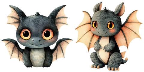 Fototapeta premium Adorable fantasy dragon character with large eyes and playful expression, perfect for children's illustrations and stories.