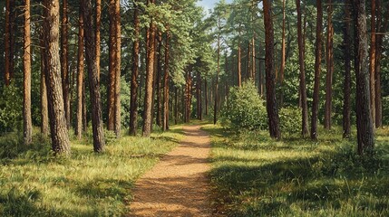 Pine forest panorama in summer. pathway in the park.