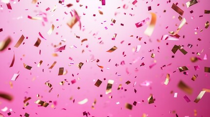 Falling confetti on bright pink background.