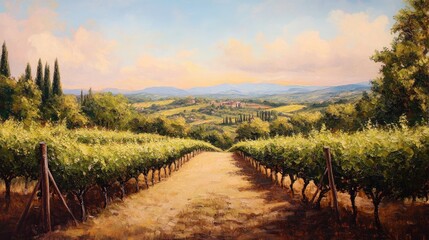 Naklejka premium Oil painting showcasing a vineyard scene with lush vines in the foreground amidst a picturesque landscape