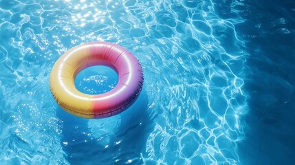 Inflatable ring floating in swimming pool on sunny day top view with space for text.