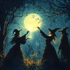 Fototapeta premium Hocus Pocus witches casting a spell under the moonlight.