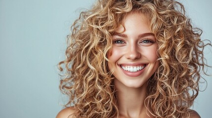 Blonde woman with curly beautiful hair smiling on gray background.